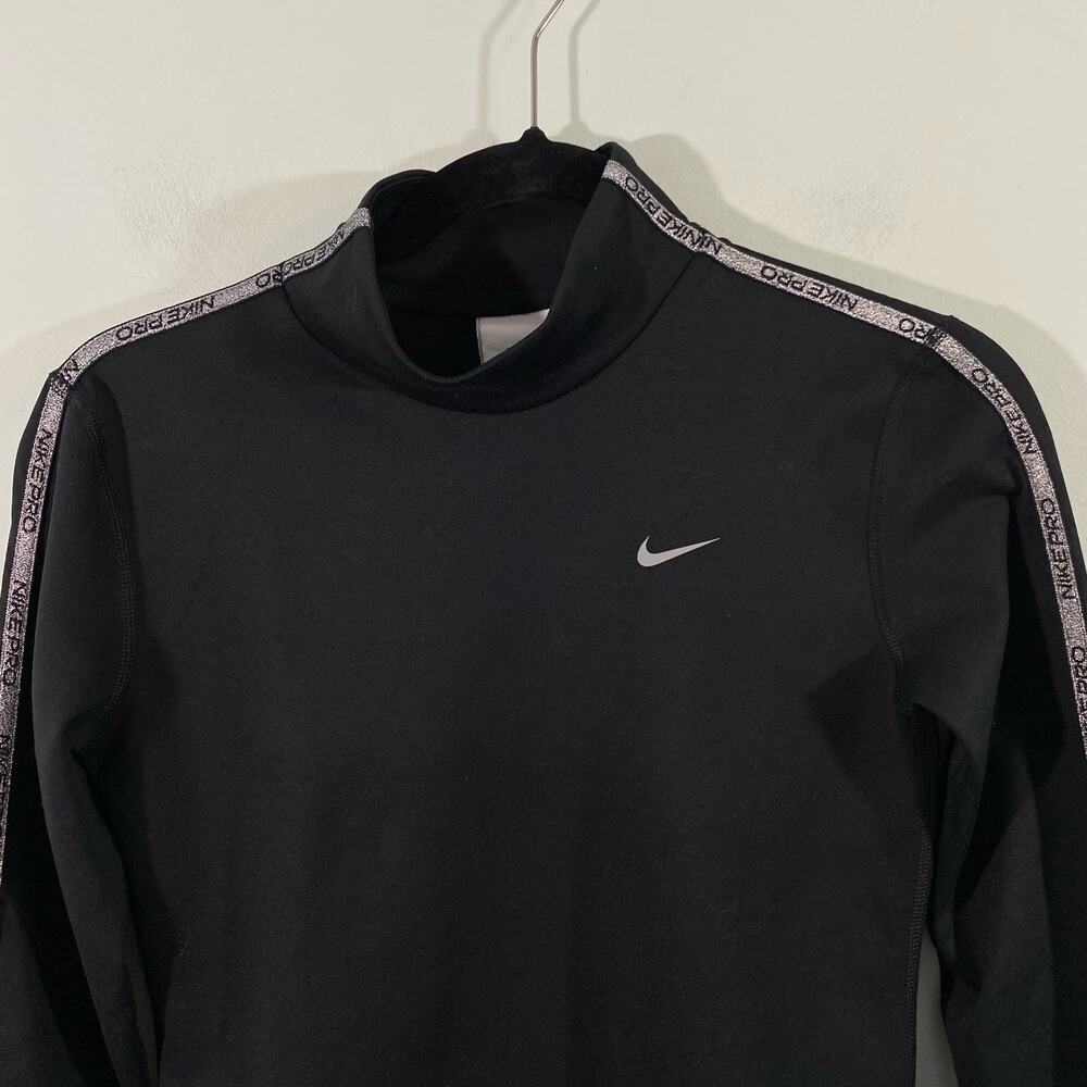 Nike Pro Women's Black Silver Glitter Tape Mock Neck Therma Fit Top Size S View 2